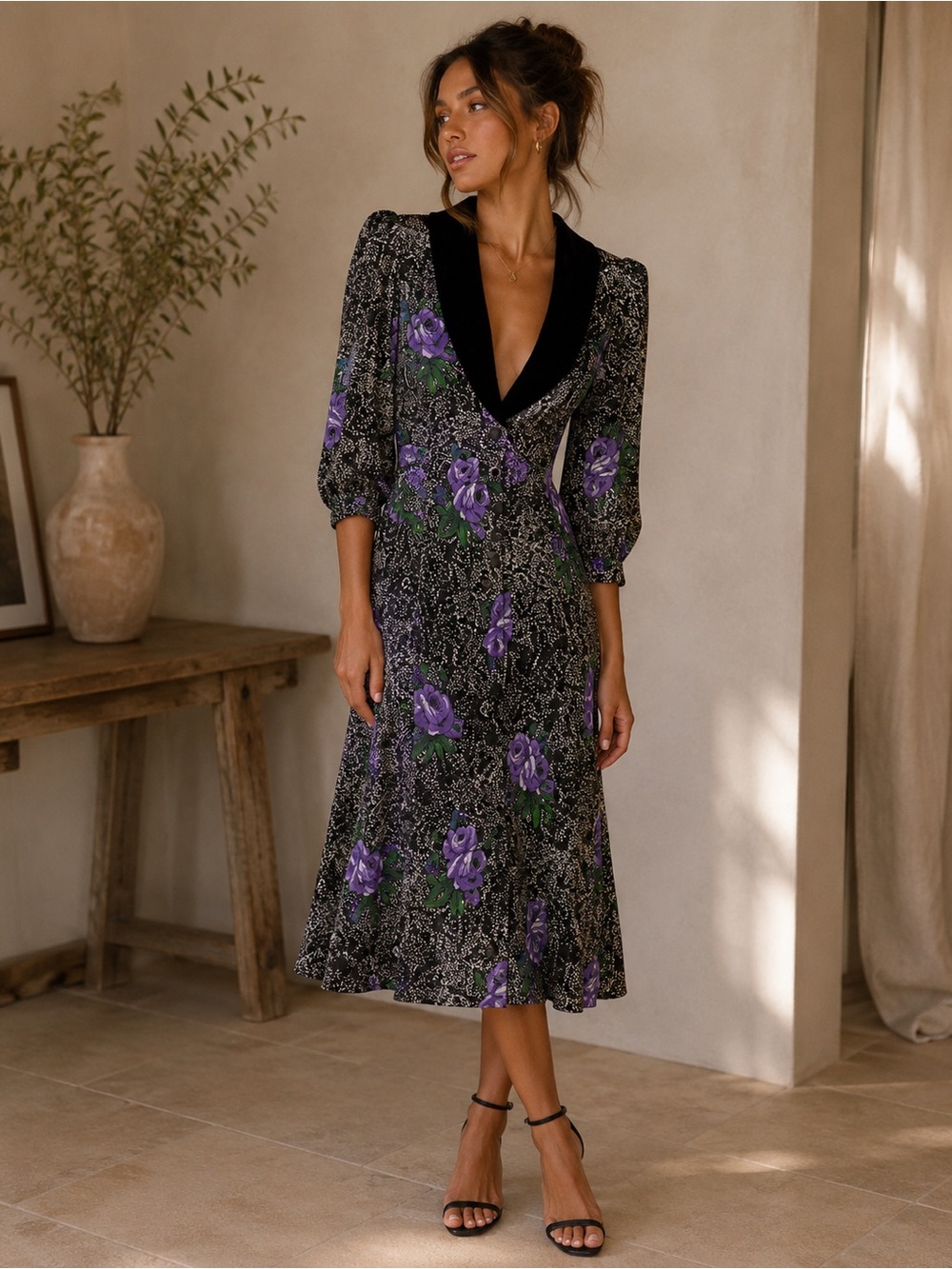 VTG Cami Black Maxi Dress with Purple Rose Print and Green Leaves